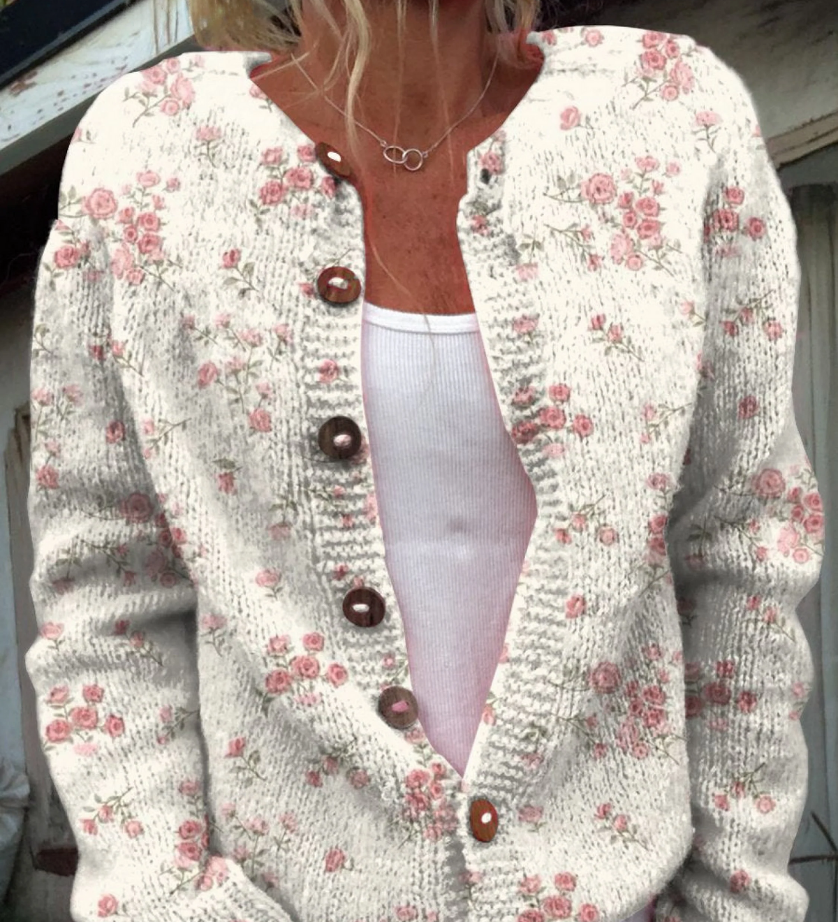 Pink rose florets print buttoned cardigan for women | Ellie Dublin