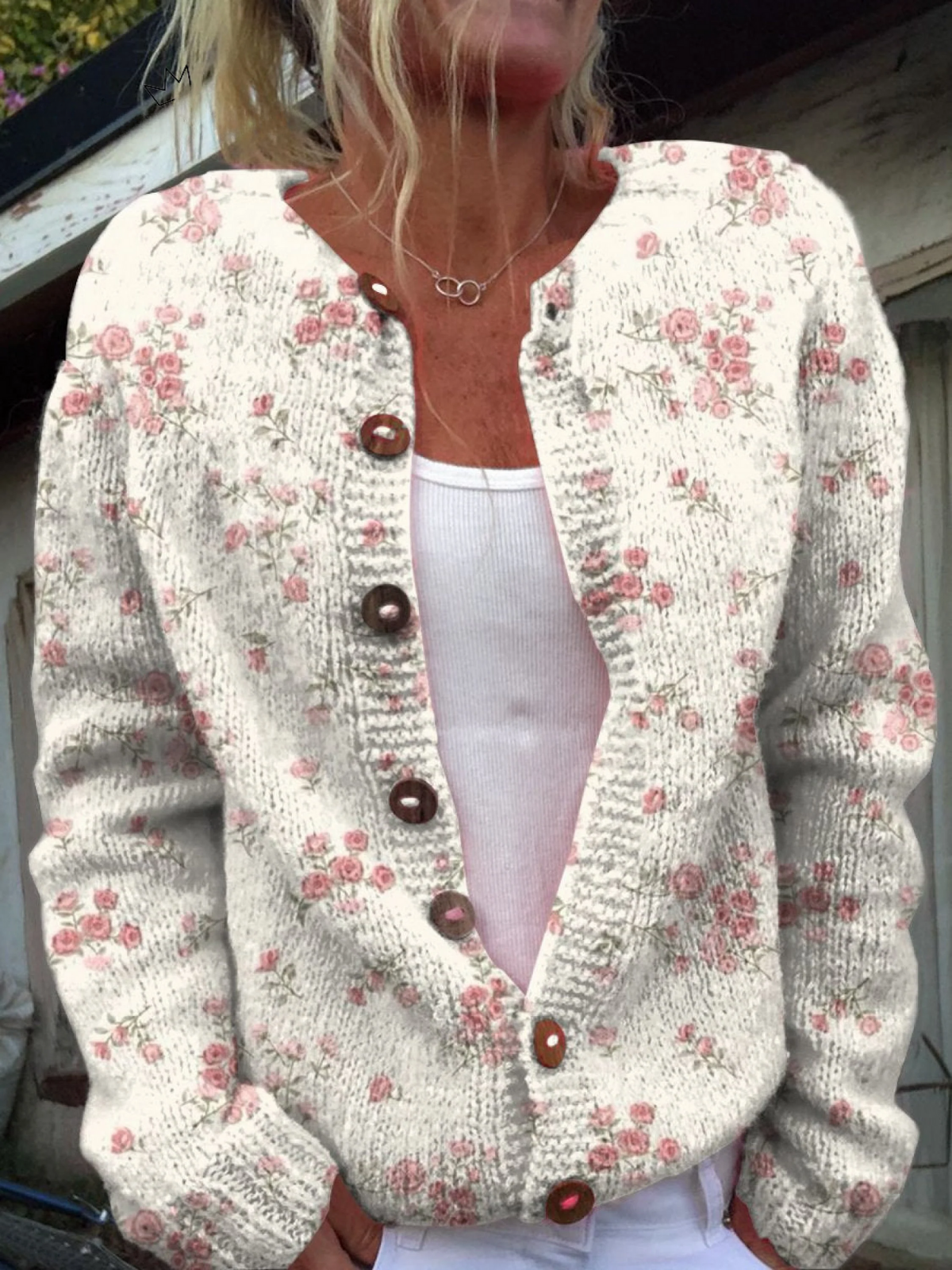 Pink rose florets print buttoned cardigan for women | Ellie Dublin