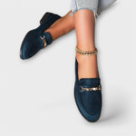 Rosaleen gold chain suede-effect loafers for women | Ellie Dublin