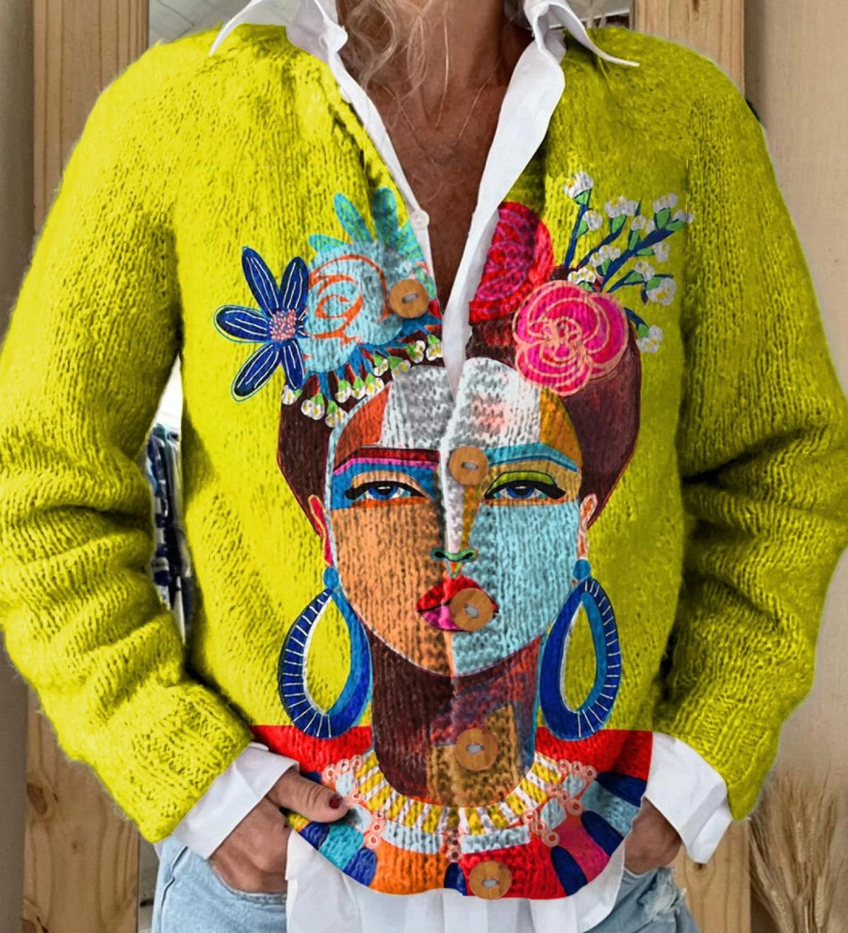 Portrait art print buttoned cardigan for women | Ellie Dublin
