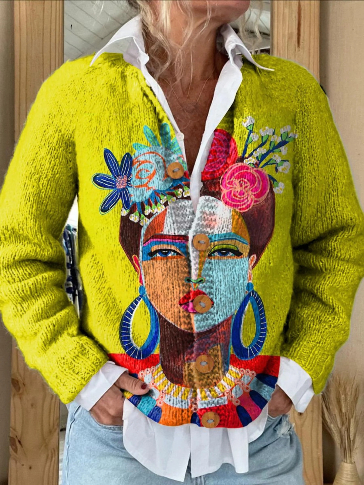 Portrait art print buttoned cardigan for women | Ellie Dublin