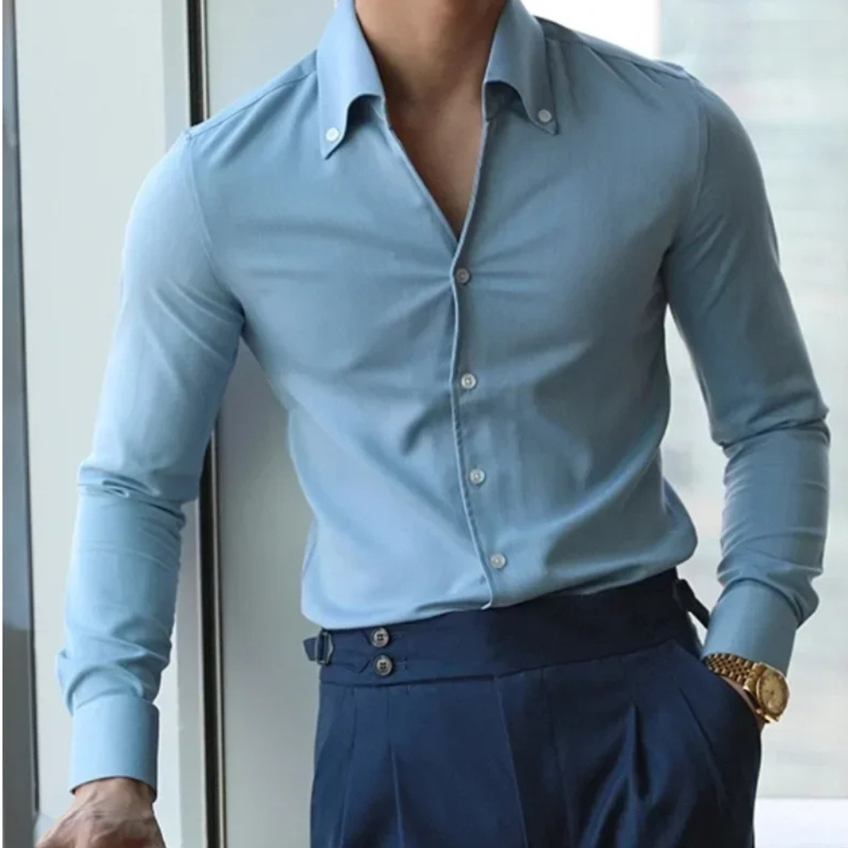 The Redfield Men’s Italian Collar Button Up Shirt — Light Blue – view 2