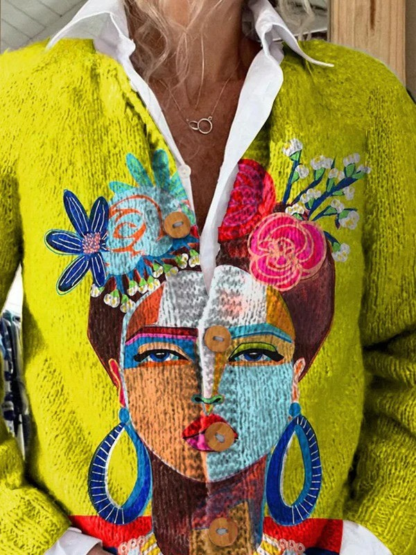 Portrait art print buttoned cardigan, alternative view | Ellie Dublin