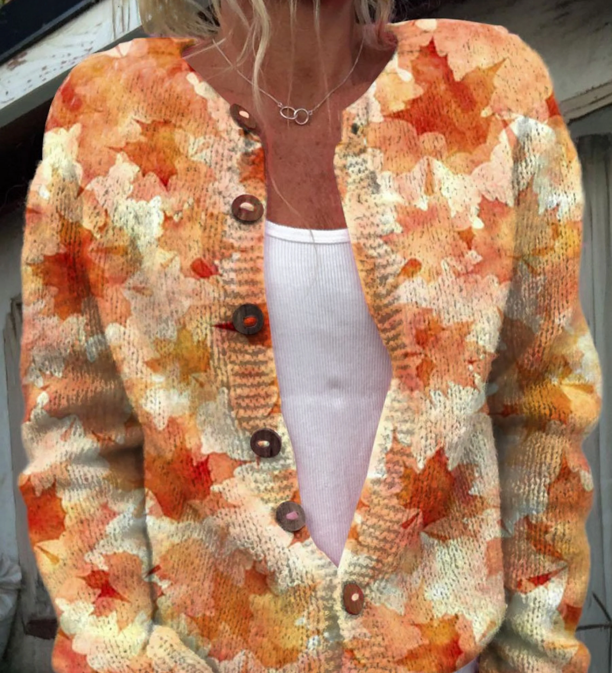 Maple leaf autumn art print buttoned cardigan for women | Ellie Dublin