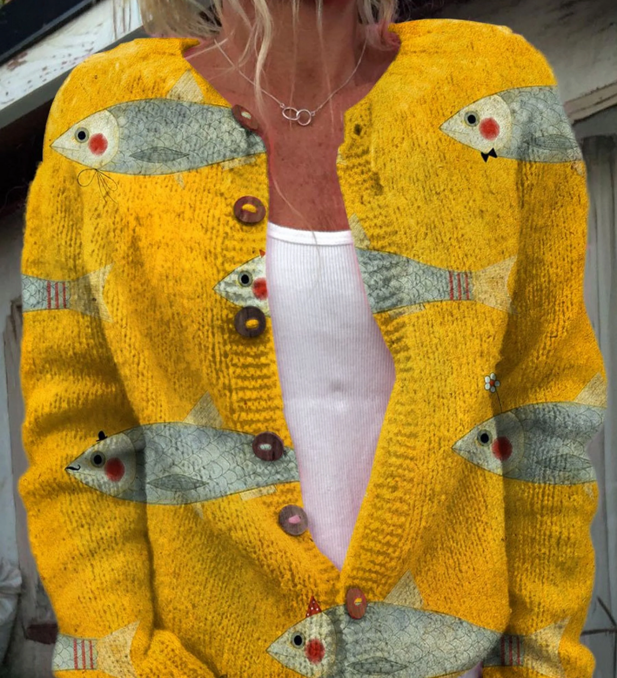Vintage sardine art print buttoned cardigan for women | Ellie Dublin