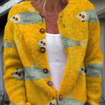 Vintage sardine art print buttoned cardigan for women | Ellie Dublin
