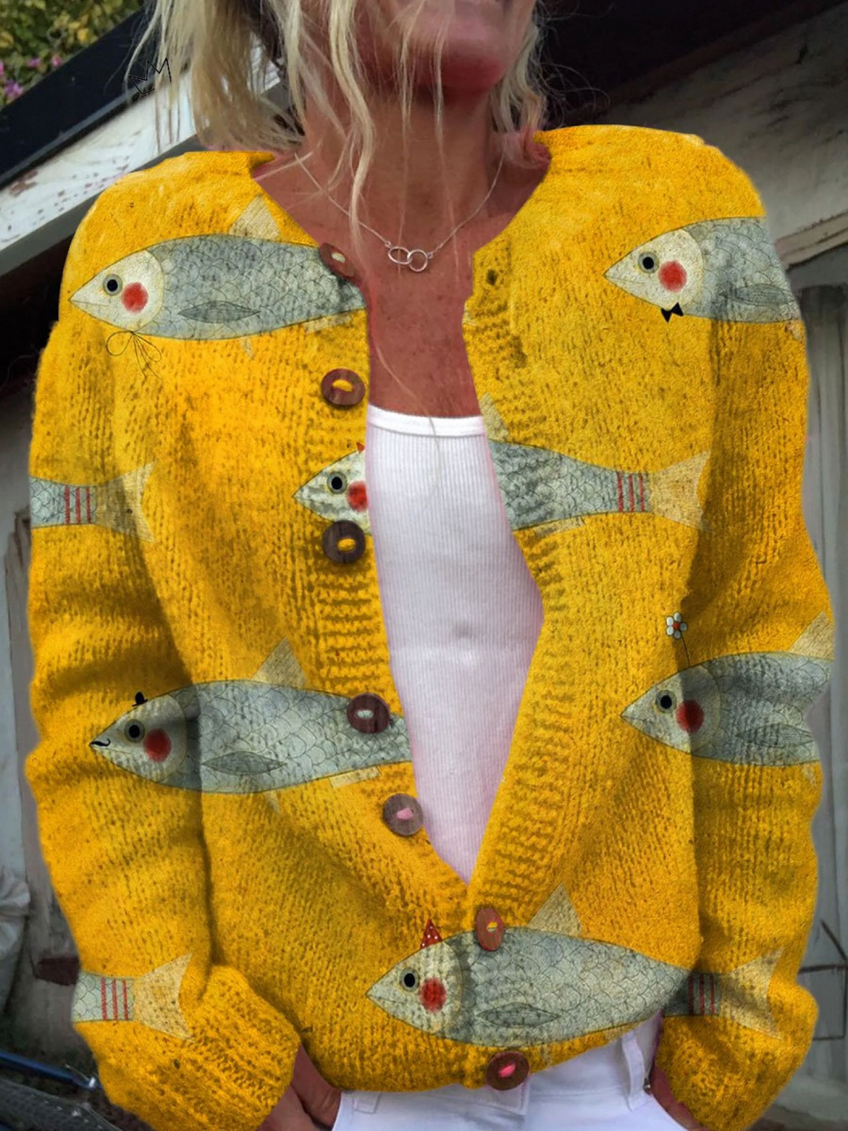 Vintage sardine art print buttoned cardigan for women | Ellie Dublin