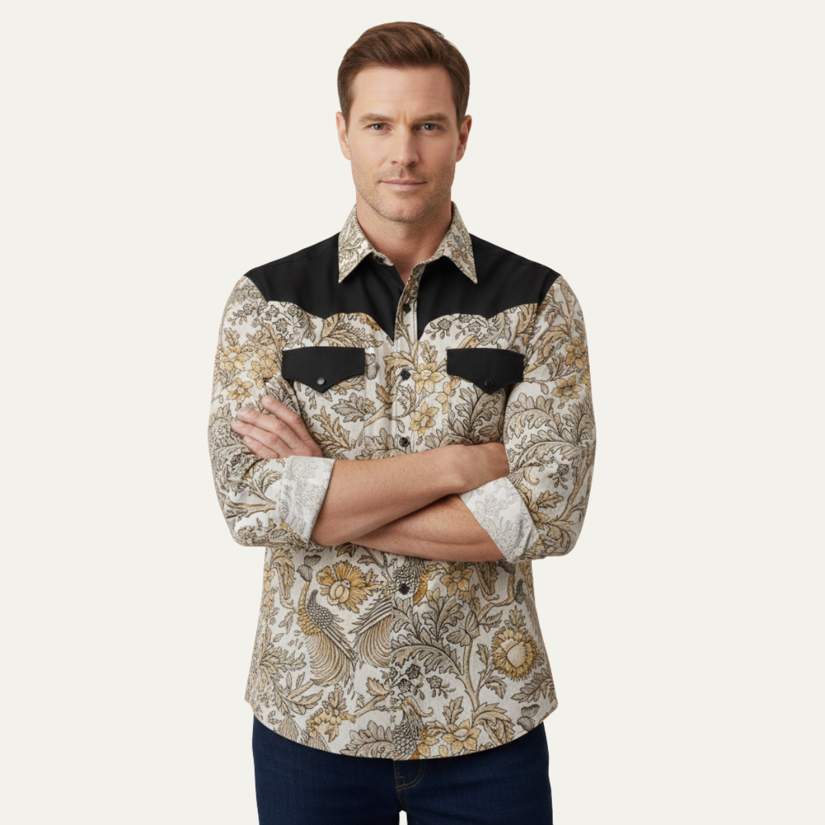 The Westbury Hill Men’s Two Tone Patchwork Western Casual Denim Shirt – view 6