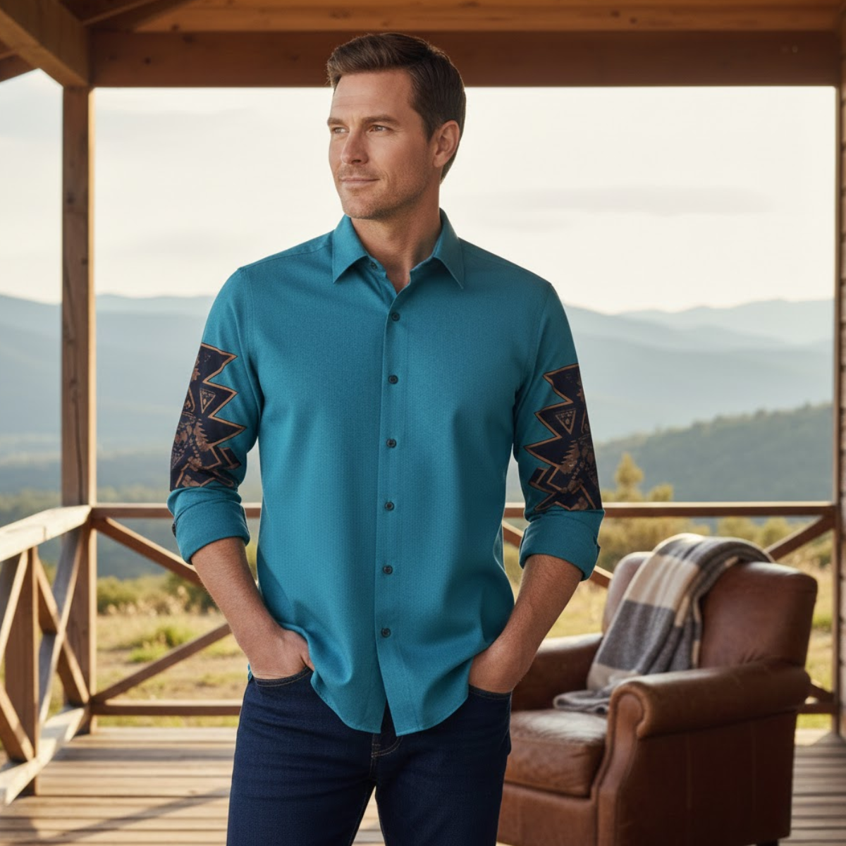The Westbury Hill Men’s Two Tone Patchwork Western Casual Denim Shirt – view 7