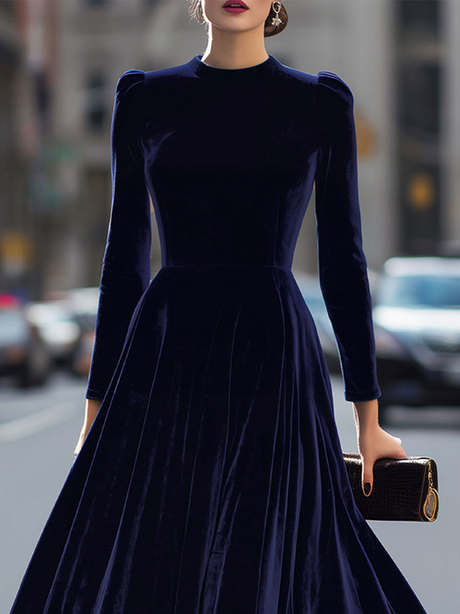 Julie | Navy Blue Midi Dress with Long Sleeves – view 3