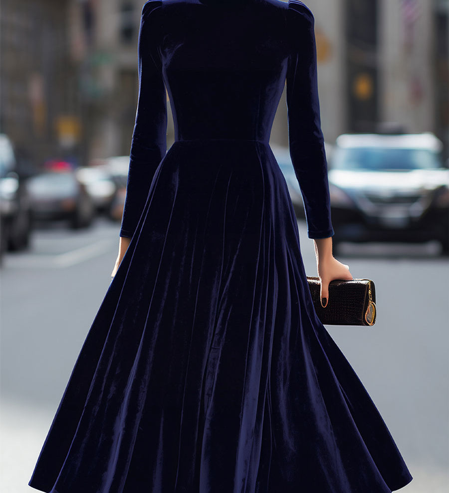 Julie | Navy Blue Midi Dress with Long Sleeves – view 2