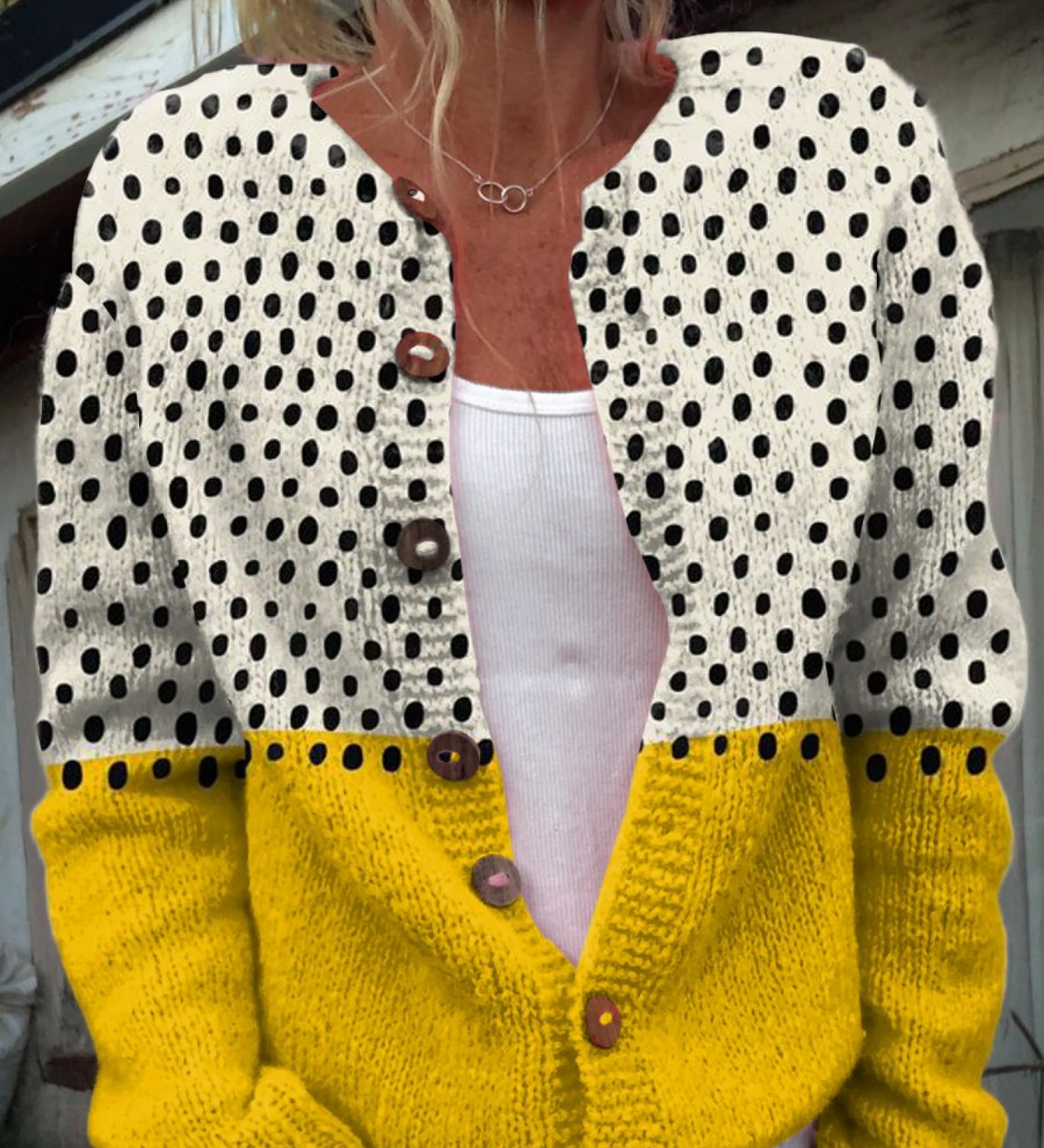 Yellow polka dot print buttoned cardigan for women | Ellie Dublin