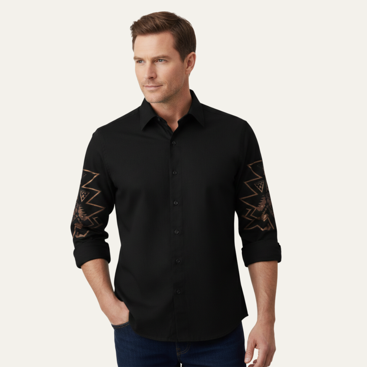 The Westbury Hill Men’s Two Tone Patchwork Western Casual Denim Shirt – view 4