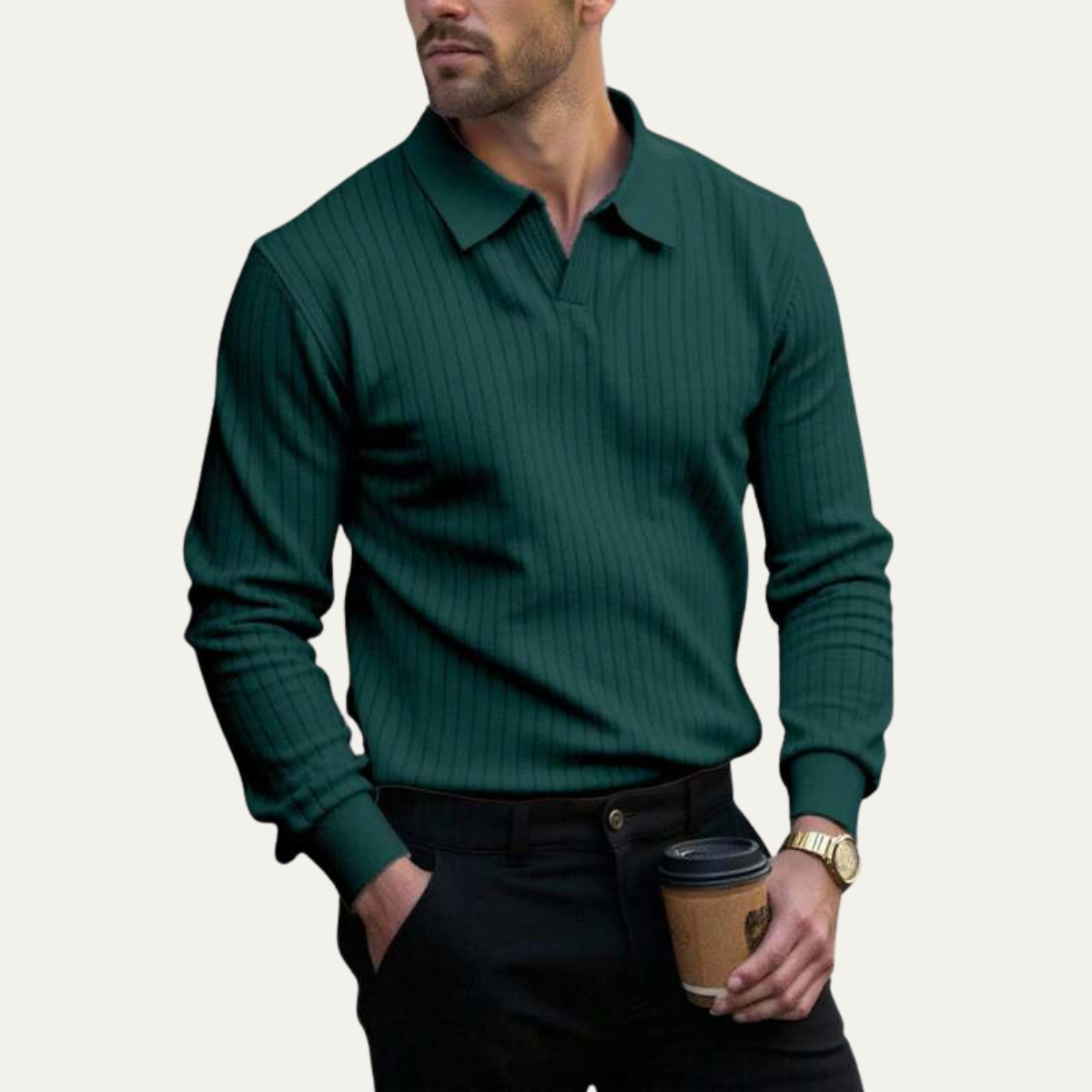The Oakpark Men’s Trendy Long Sleeve Ribbed Knit Polo Shirt – view 2