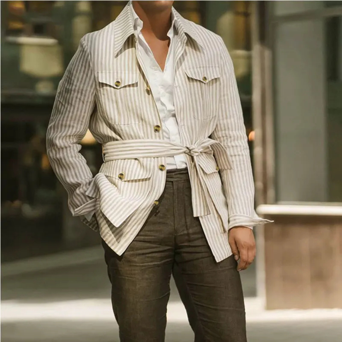 The Bramblewood Men’s Streetwear Striped Button-Down Shirt with Pockets – view 2