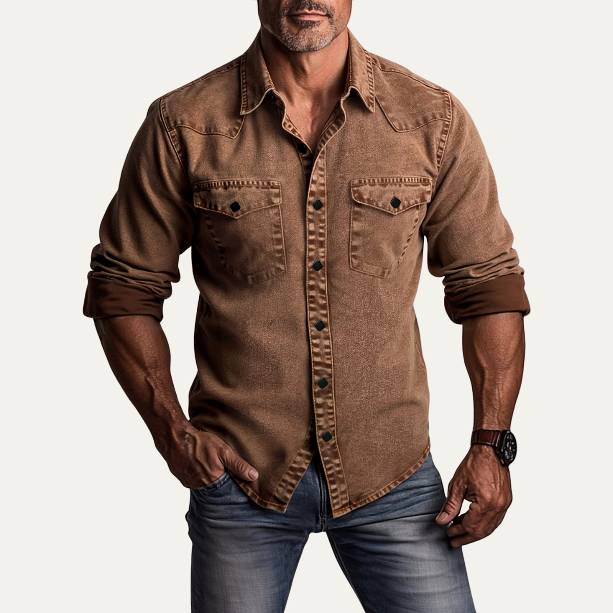 The Foxhaven Men’s Brown Vintage Washed Denim Shirt – view 3