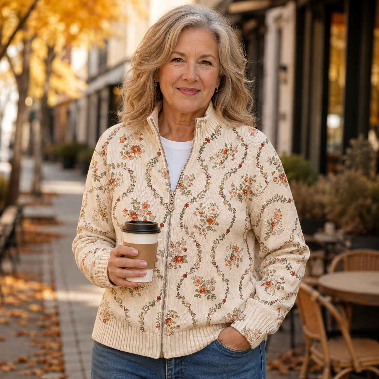 Honora cream delicate floral zip cardigan for women | Ellie Dublin