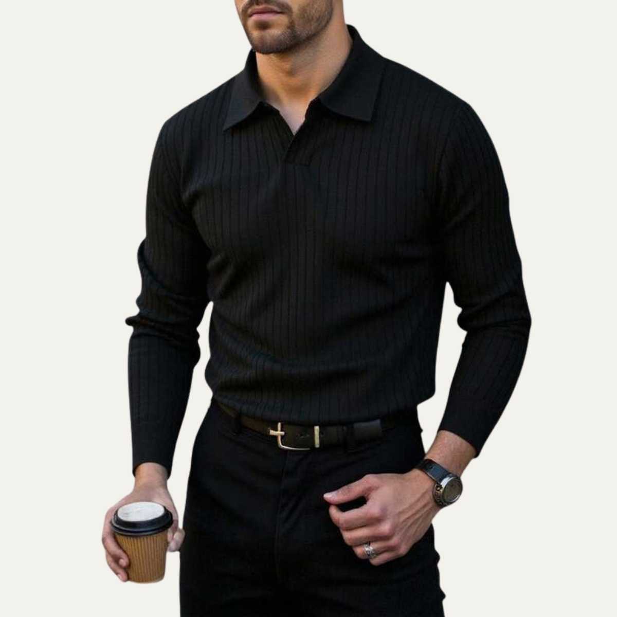 The Ironcrest Hill Men’s Casual Long Sleeve Ribbed Knit Polo Shirt – view 3