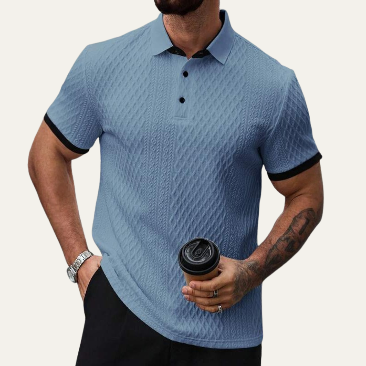 The Brookside Park Men’s Classic Textured Polo Shirt with Contrast Collar – view 3