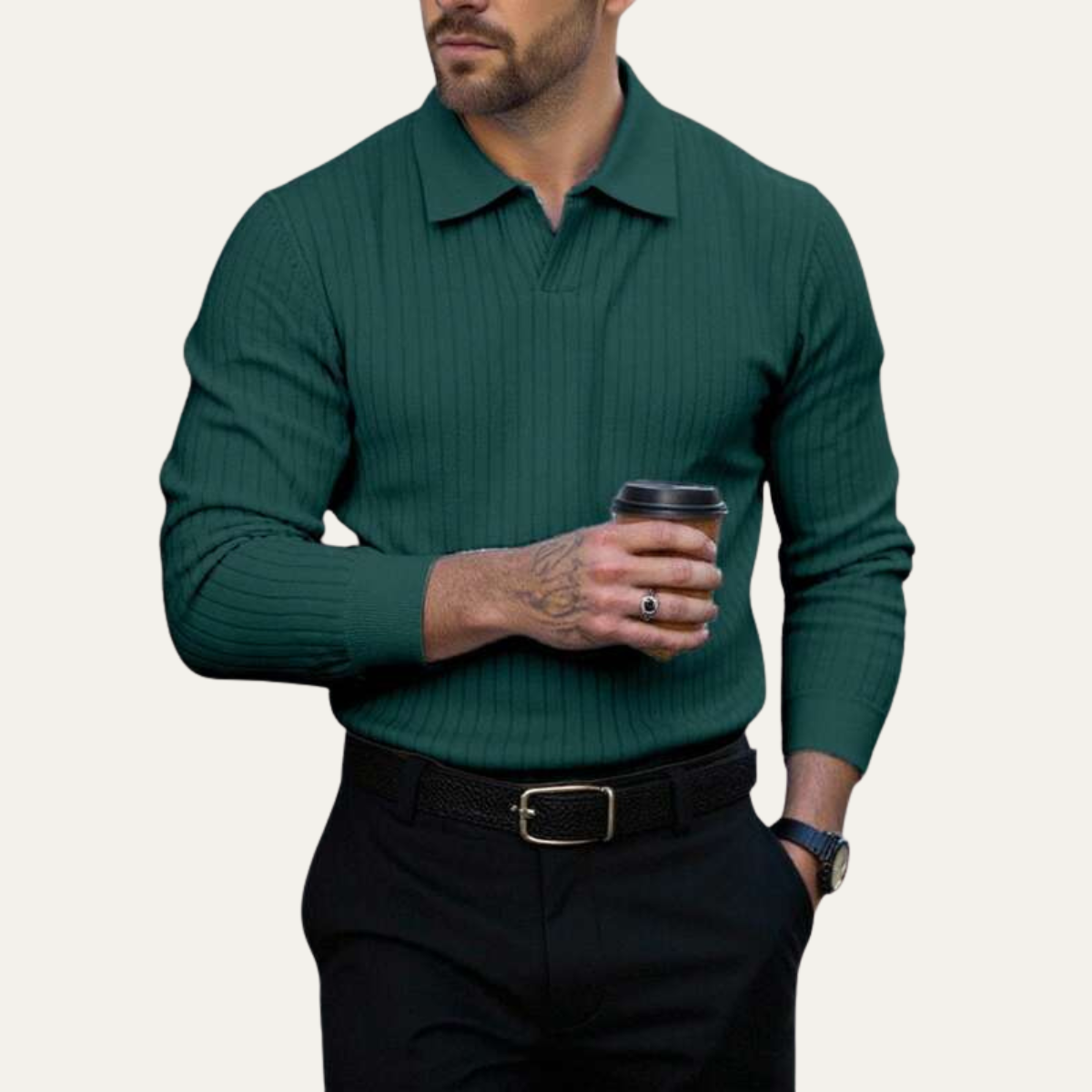 The Oakpark Men’s Trendy Long Sleeve Ribbed Knit Polo Shirt – view 3