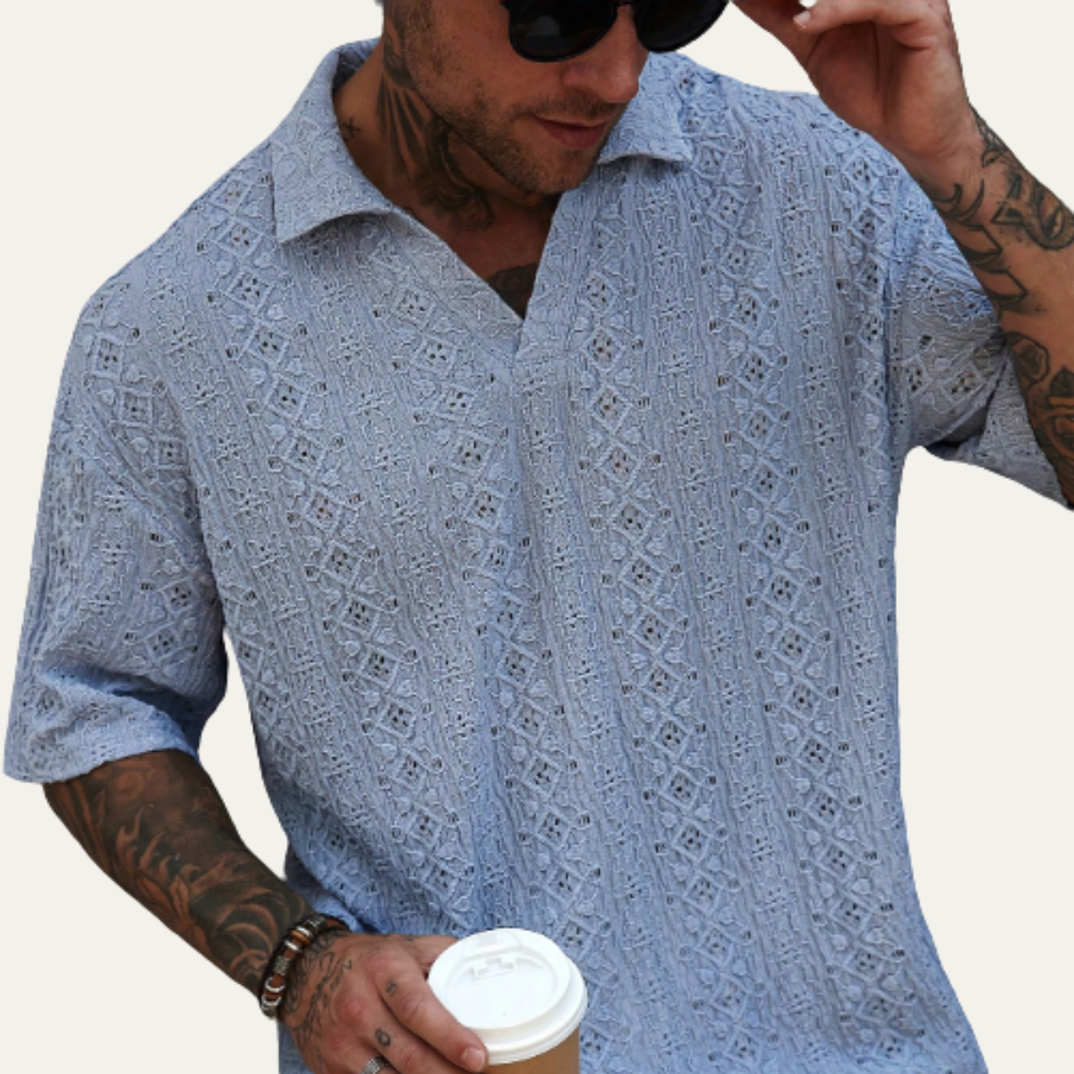 The Glenridge Hill Men’s Bohemian Crochet Mesh Shirt – Light Blue – view 6