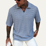 The Brookstone Men’s Crochet Knit Short Sleeve Polo Shirt – Light Blue – view 3