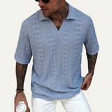 The Brookstone Men’s Crochet Knit Short Sleeve Polo Shirt – Light Blue – view 3