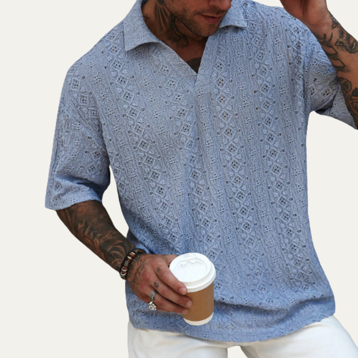 The Brookstone Men’s Crochet Knit Short Sleeve Polo Shirt – Light Blue – view 4