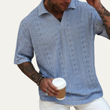 The Brookstone Men’s Crochet Knit Short Sleeve Polo Shirt – Light Blue – view 4