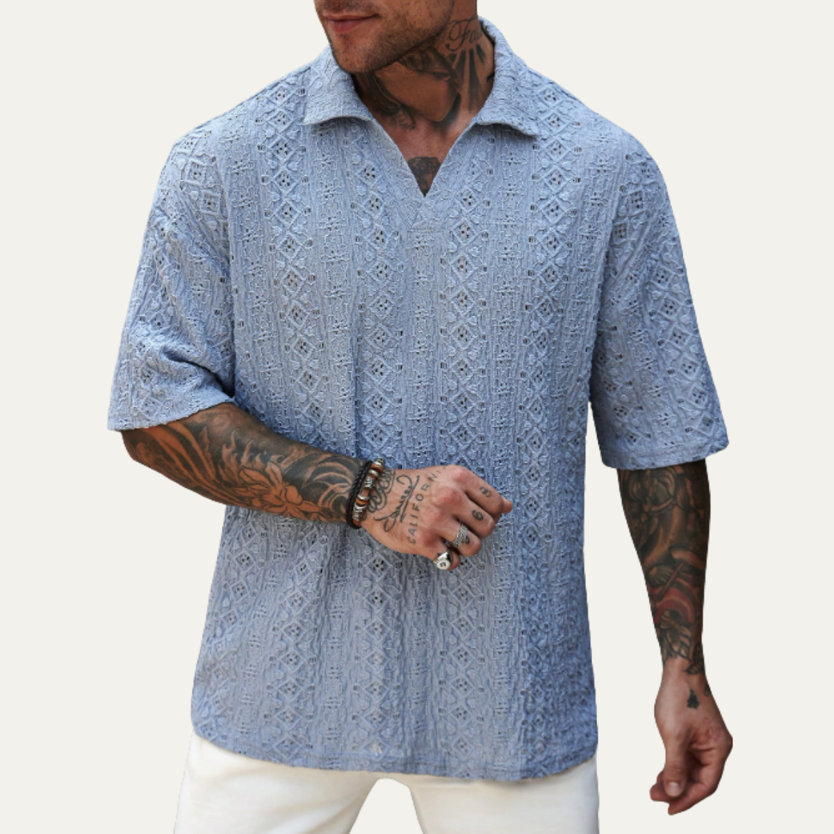 The Brookstone Men’s Crochet Knit Short Sleeve Polo Shirt – Light Blue – view 2