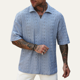 The Brookstone Men’s Crochet Knit Short Sleeve Polo Shirt – Light Blue – view 2