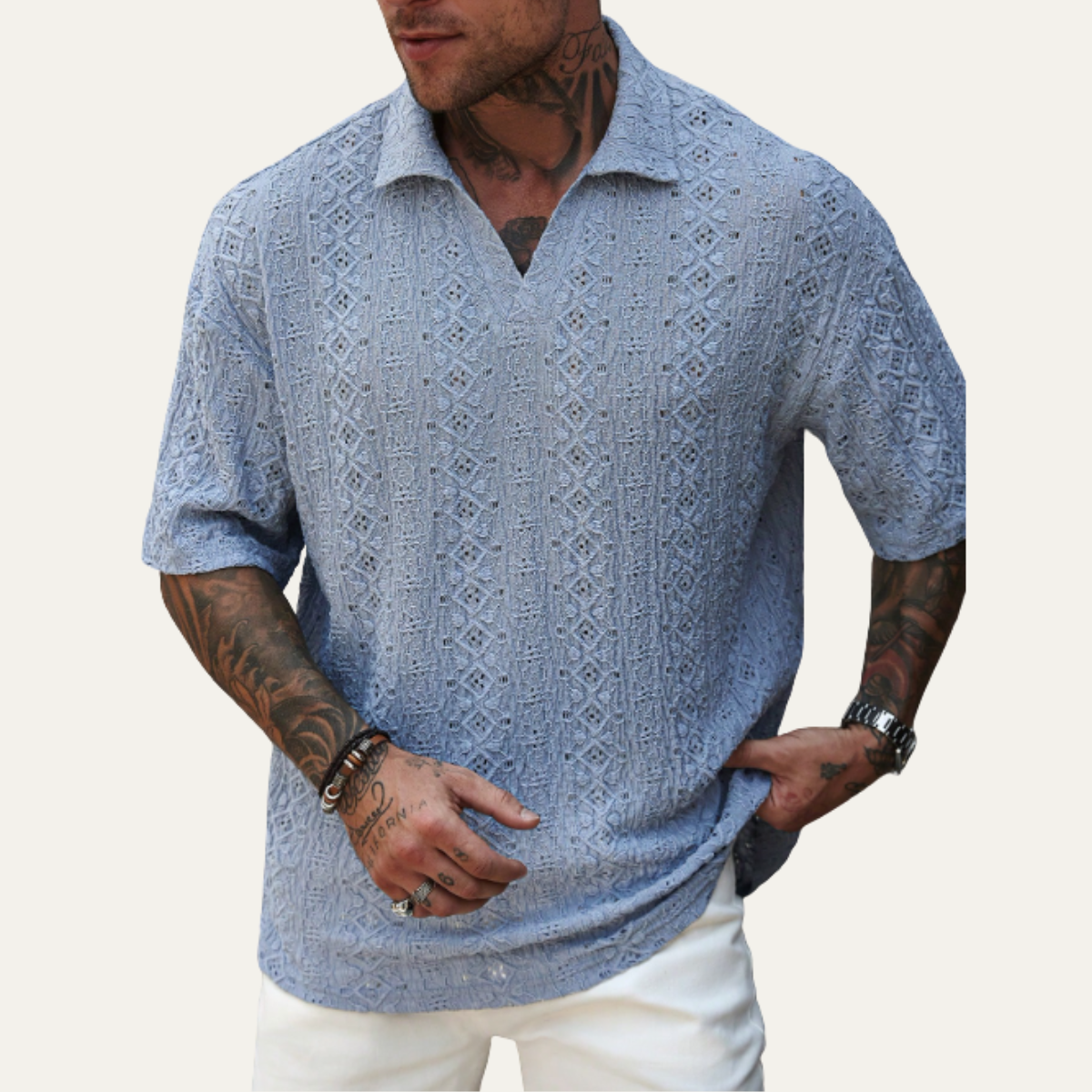 The Brookstone Men’s Crochet Knit Short Sleeve Polo Shirt – Light Blue – view 5
