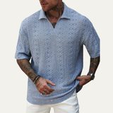 The Brookstone Men’s Crochet Knit Short Sleeve Polo Shirt – Light Blue – view 5