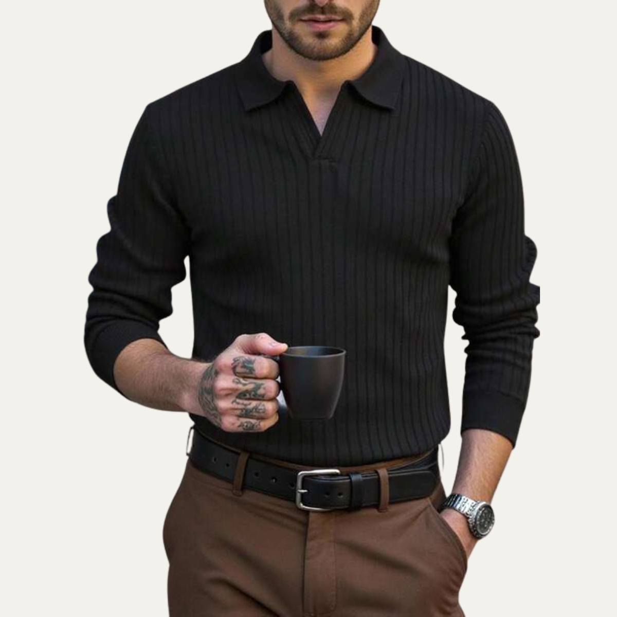 The Ironcrest Hill Men’s Casual Long Sleeve Ribbed Knit Polo Shirt – view 4