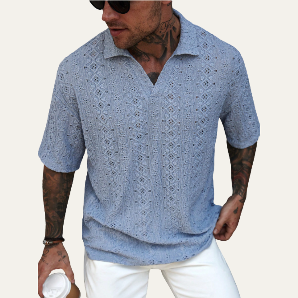 The Glenridge Hill Men’s Bohemian Crochet Mesh Shirt – Light Blue – view 3