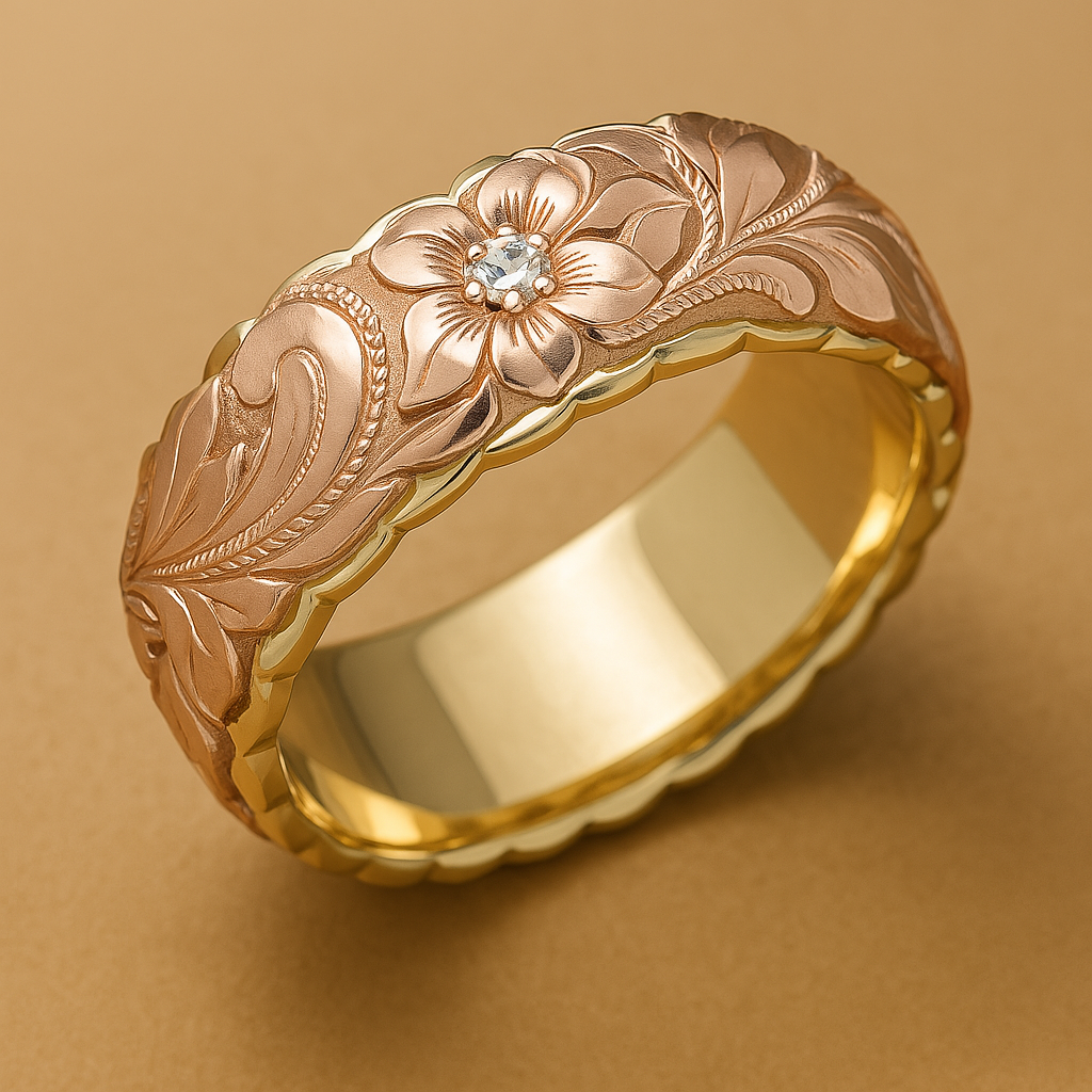 Vintage Pink Flower Gold Ring – view 4