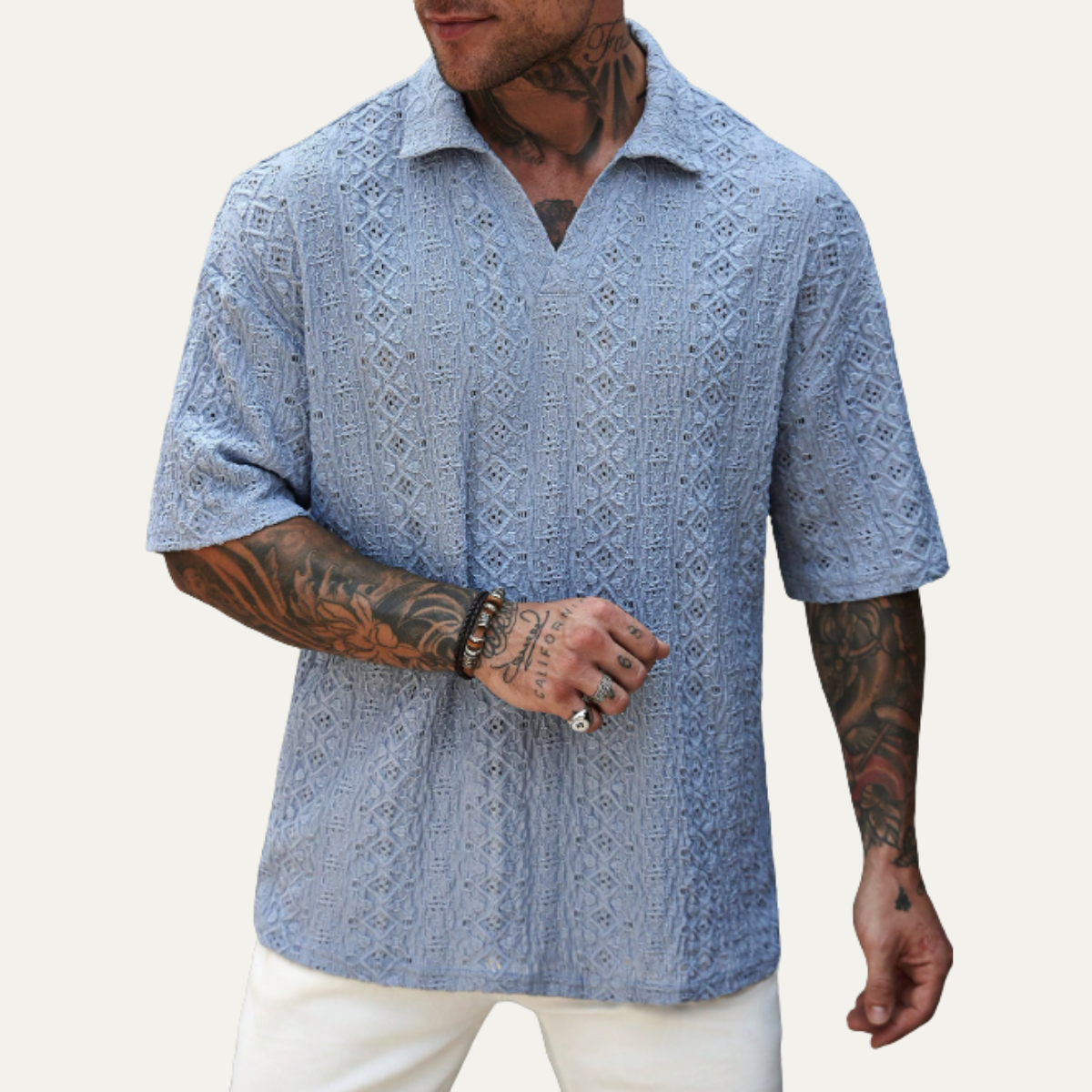 The Glenridge Hill Men’s Bohemian Crochet Mesh Shirt – Light Blue – view 2