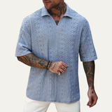 The Glenridge Hill Men’s Bohemian Crochet Mesh Shirt – Light Blue – view 2