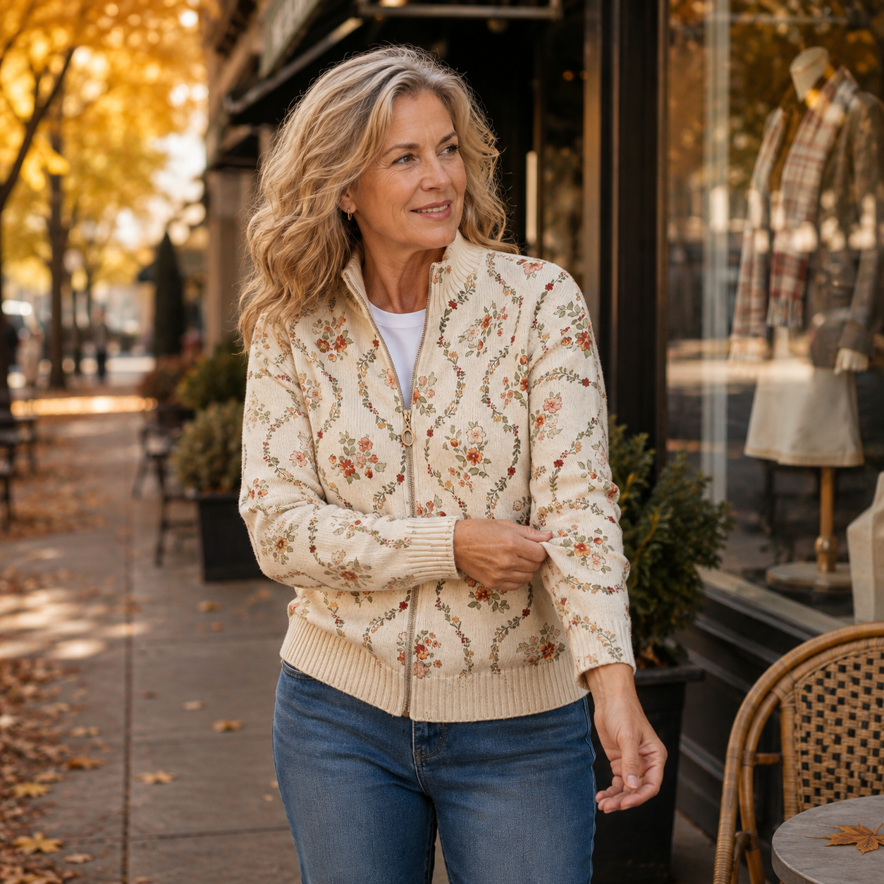 Honora cream delicate floral zip cardigan for women | Ellie Dublin