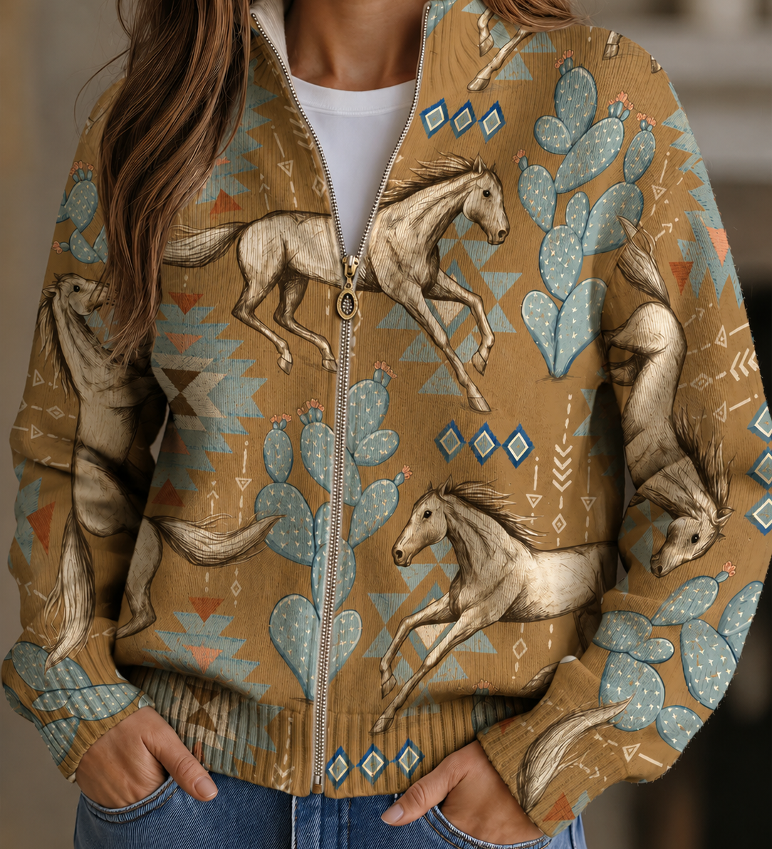 Slaine desert horse and cactus zip cardigan for women | Ellie Dublin
