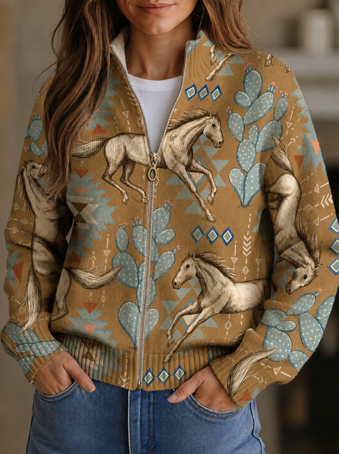 Slaine desert horse and cactus zip cardigan for women | Ellie Dublin