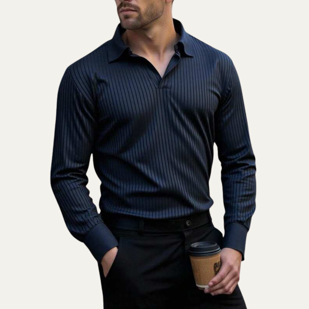 The Oakpark Men’s Trendy Long Sleeve Ribbed Knit Polo Shirt – view 6
