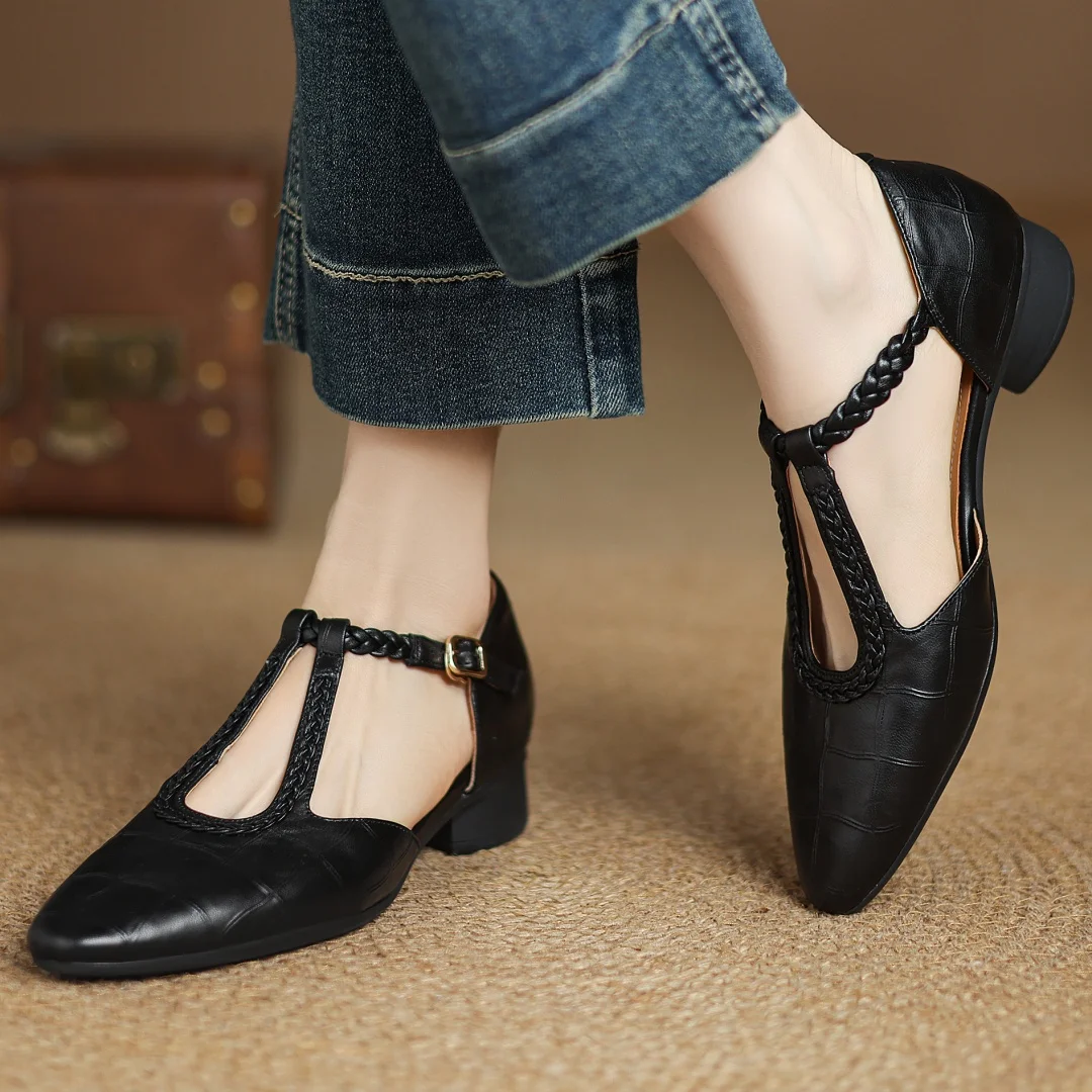 Astrid – Classic Leather T-Bar Shoes with Woven Detail