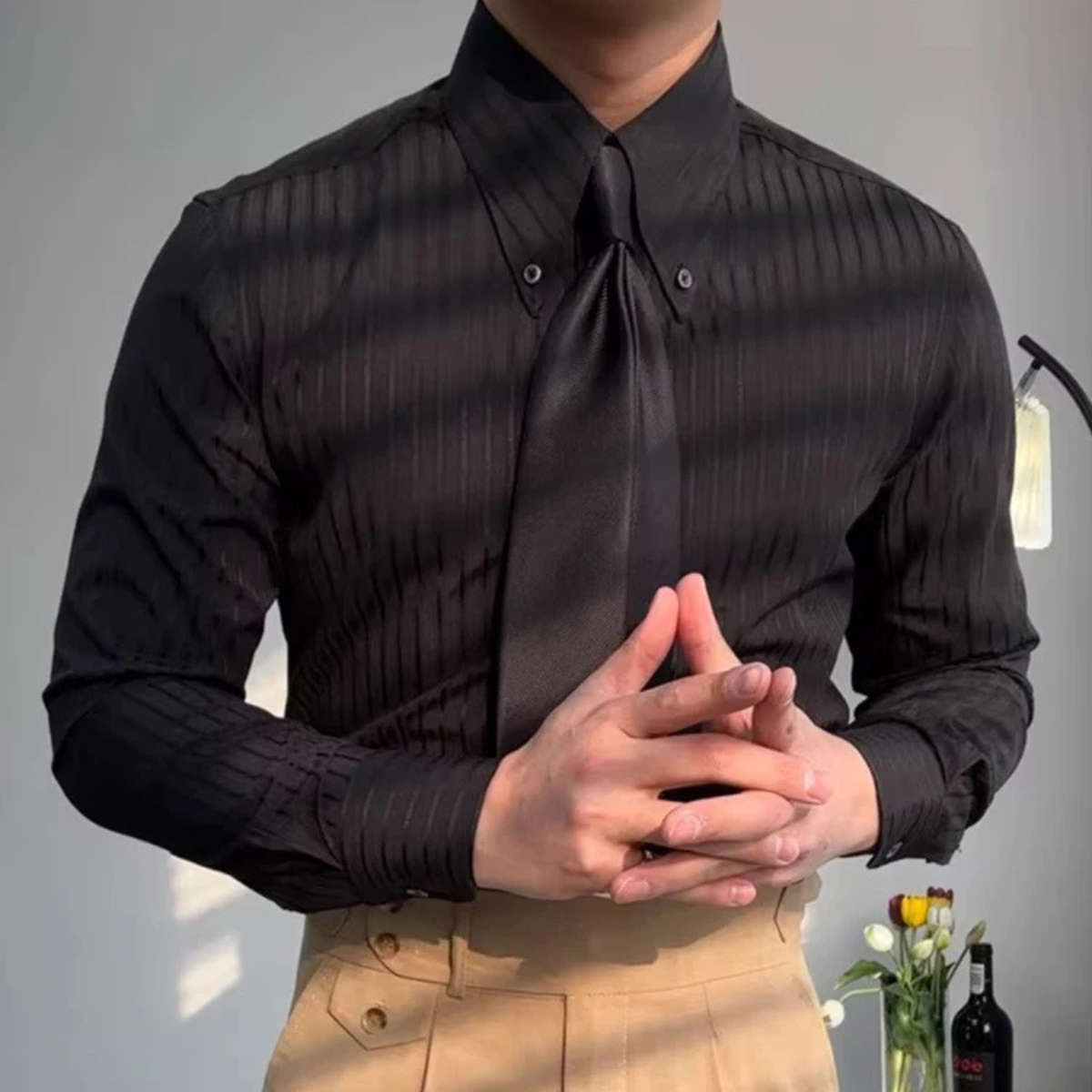 The Palermo Men’s Textured Pleated Formal Button Up Dress Shirt – Black – view 4