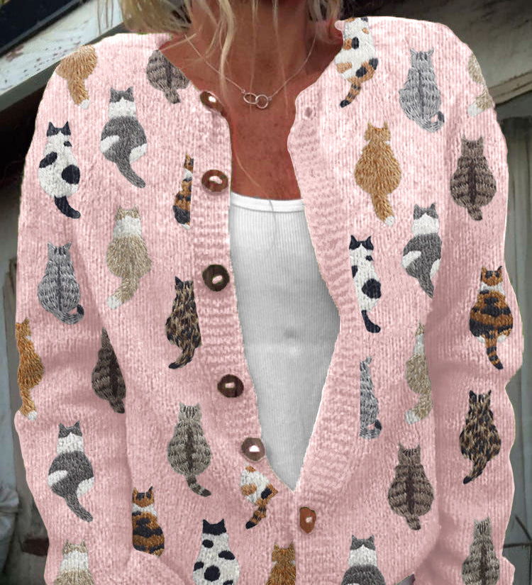 Shauna cat print cardigan for women in pink by Ellie Dublin