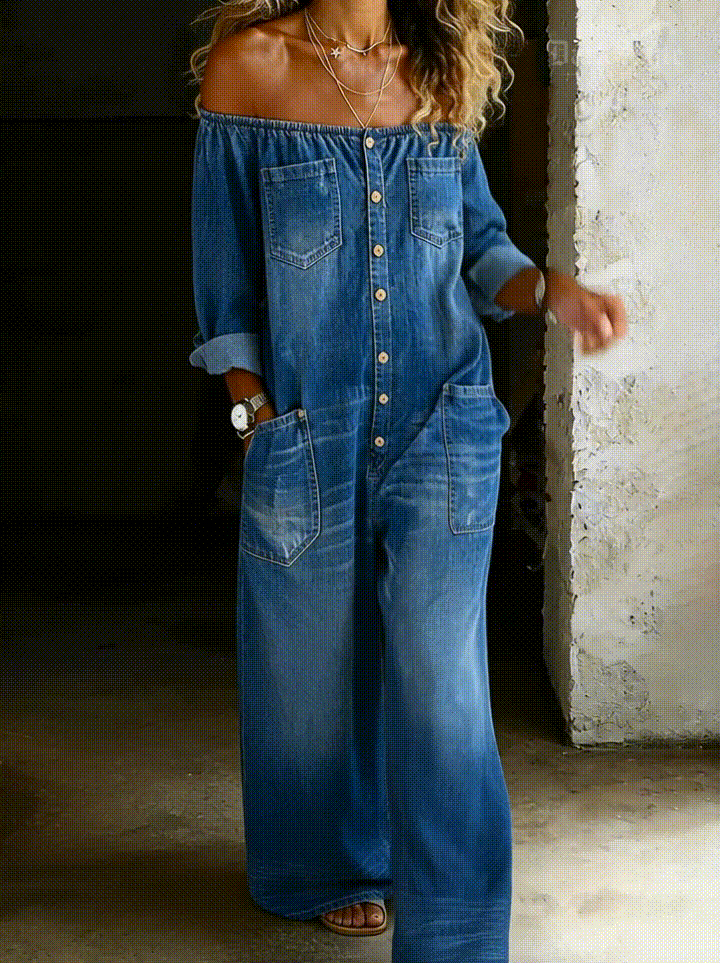 Sidonie | Denim Jumpsuit with Off-Shoulder Design – view 7