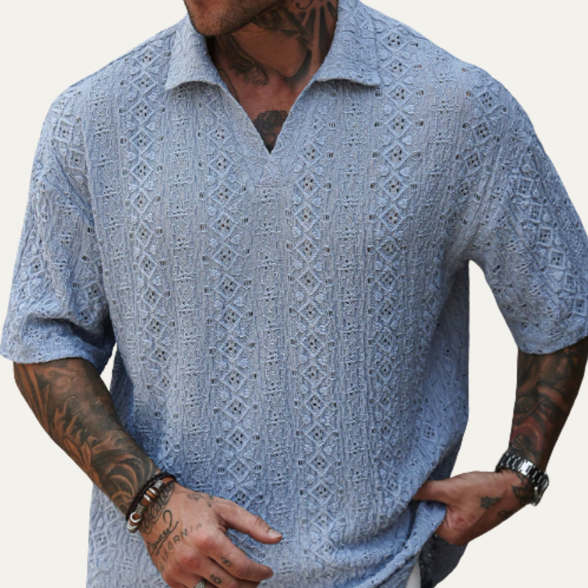 The Glenridge Hill Men’s Bohemian Crochet Mesh Shirt – Light Blue – view 5
