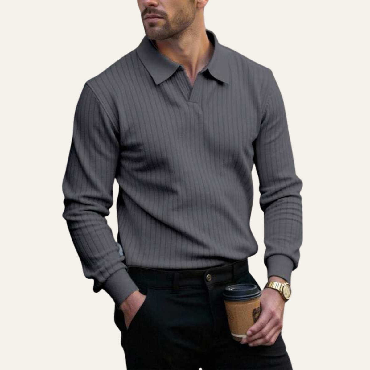 The Ironcrest Hill Men’s Casual Long Sleeve Ribbed Knit Polo Shirt – view 7