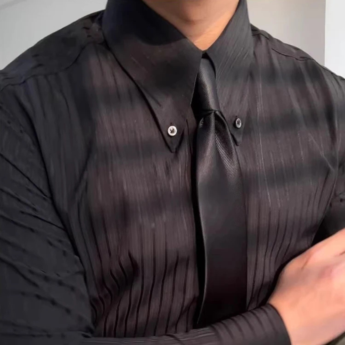 The Palermo Men’s Textured Pleated Formal Button Up Dress Shirt – Black – view 5