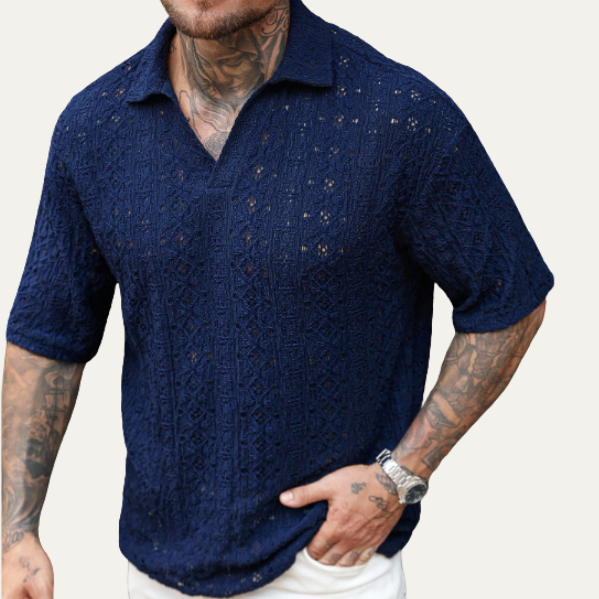 The Glenridge Hill Men’s Bohemian Crochet Mesh Shirt – Navy Blue – view 3